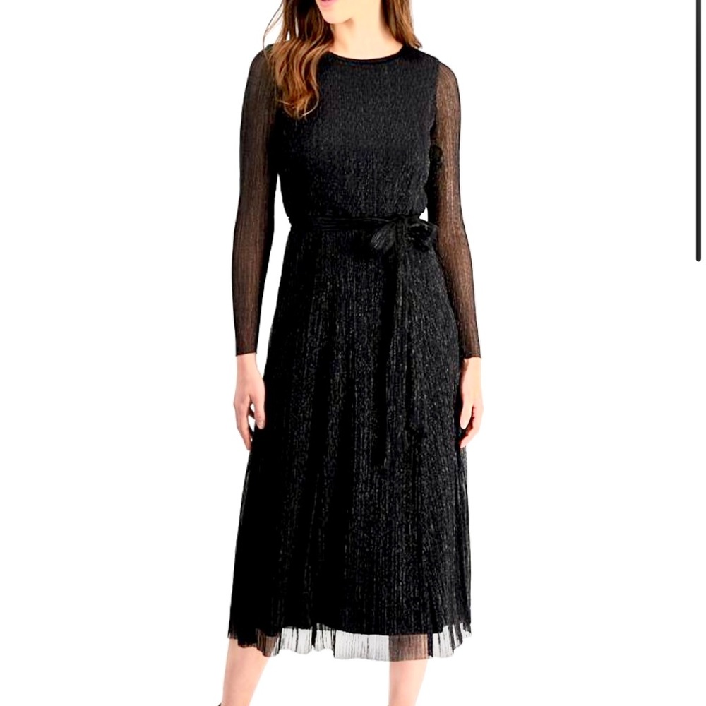 ANNE KLEIN micro pleated metallic flecked midi dress